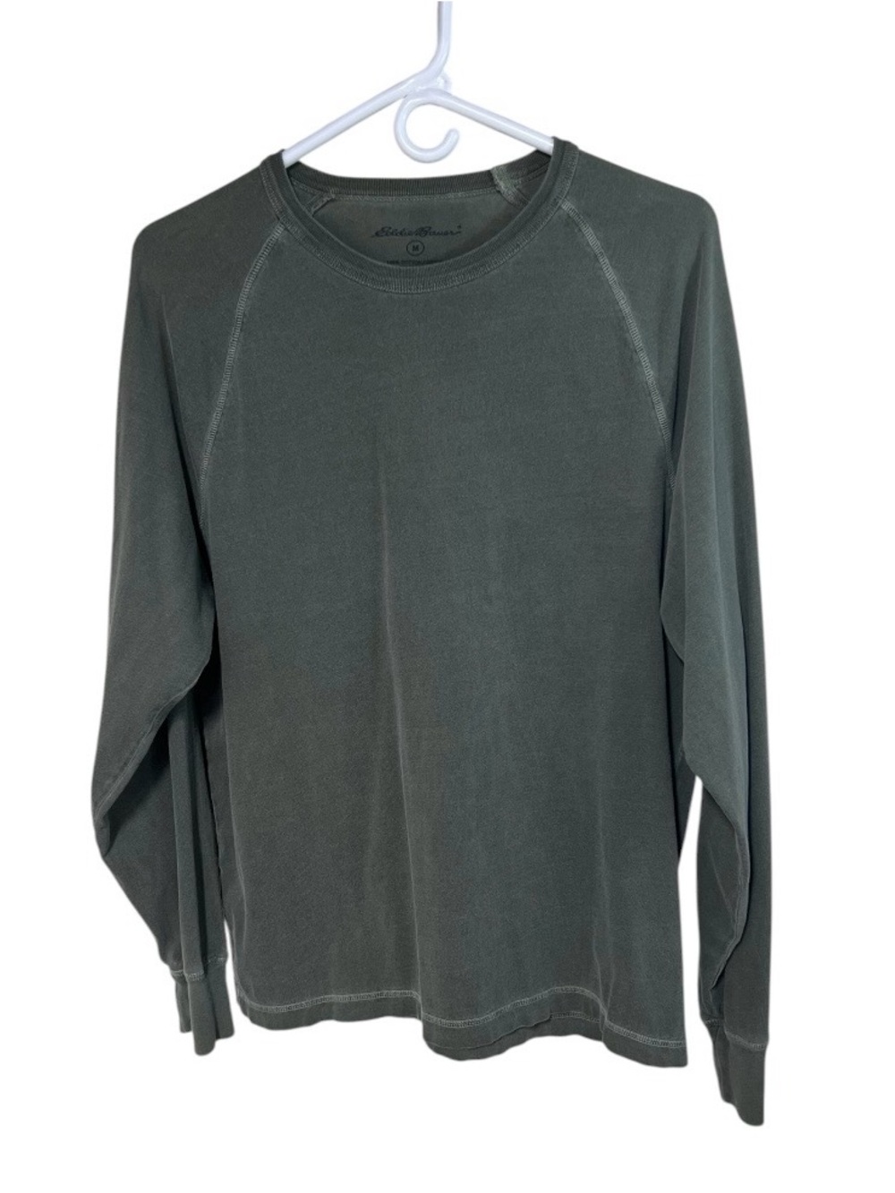 Y2K Eddie Bauer Men’s Medium Olive Green Crew Neck Long Sleeve T Shirt Cotton